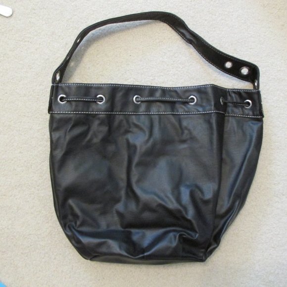 AVON PURSE BLACK BAG METAL EYELETS PUNK HOBO DRAWSTRING LARGE SHOULDER - Picture 4 of 12